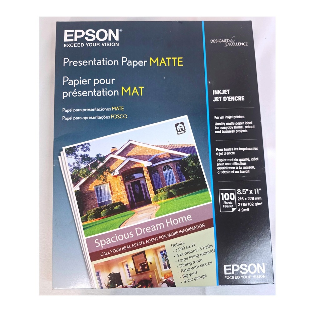 Epson Presentation Paper Matte 8.5x11 100 Sheets S041062 Inkjet Paper White